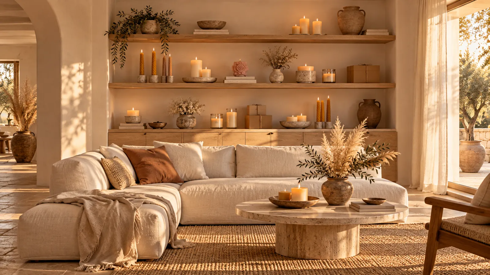 Living cálido con velas encendidas en los estantes